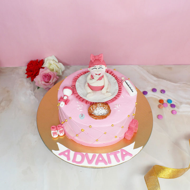 Palak's Cakes - Annaprasana ceremony cake. The ritual of introduction of  solid food to baby first time. Cake design using traditional vibrant  colors. #fondantfigurine #annaprasanacake | Facebook