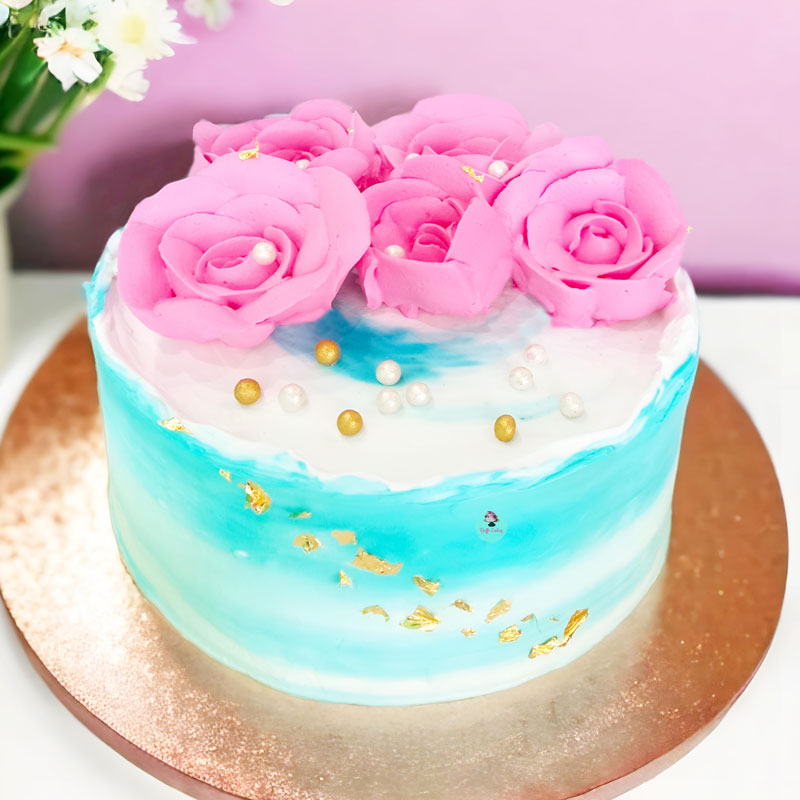 Blue and Gold Cake with Turquoise Fantasy Flowers